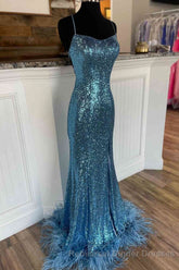Long Sequined Blue Straps Semi Formal Prom Dress with Feather Hem